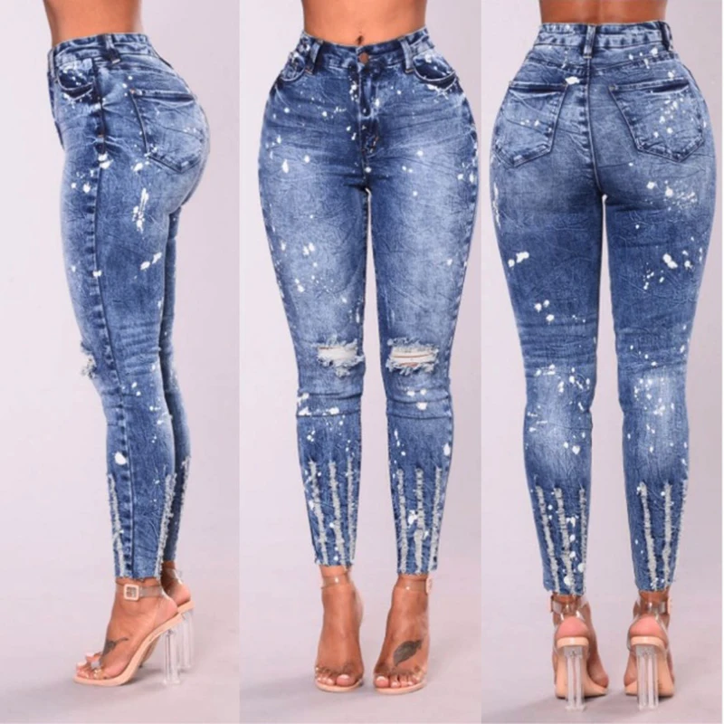 Рваные модные джинсы Для женщин классический Высокая Талия тощий карандаш синие джинсовые штаны с молния отбеленные джинсы-варёнки Для
