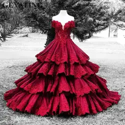 Винтаж бордовый кружево свадебное платье в готическом стиле плюс размеры 2019 оборками Многоуровневое Пышное Бальное Платье принцессы