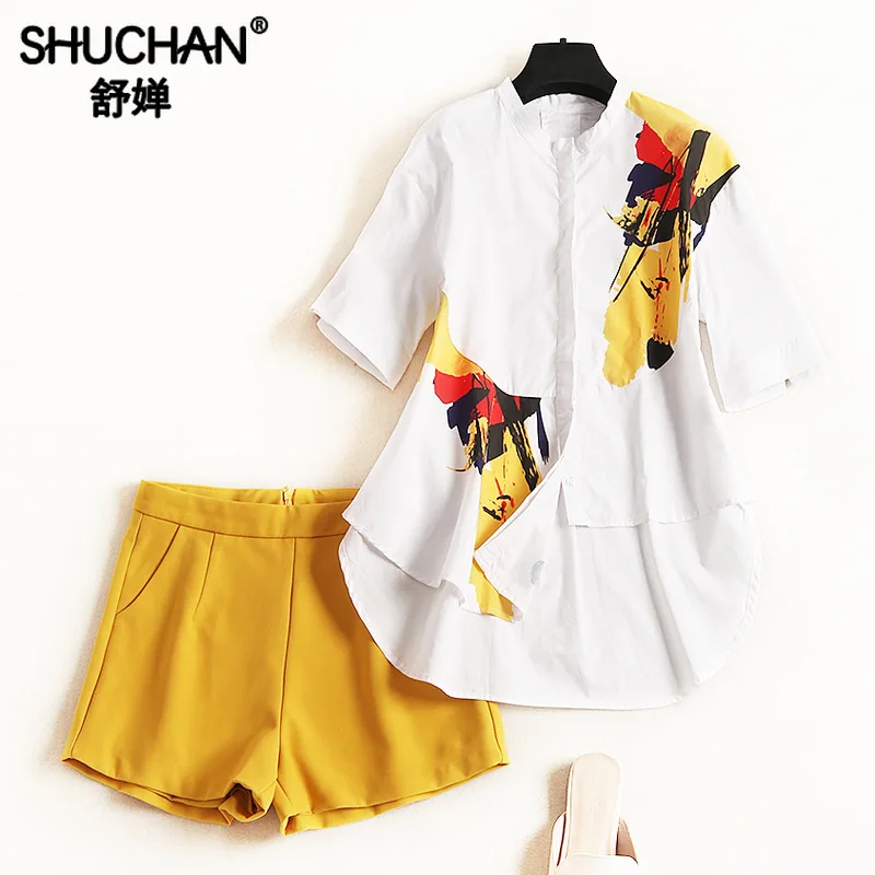 

Shuchan 2 Piece Sets Womens Outfits Asymmetry Print Blouse+yellow Shorts 2 Piece Shorts Set Women Suit Summer 2019 51490