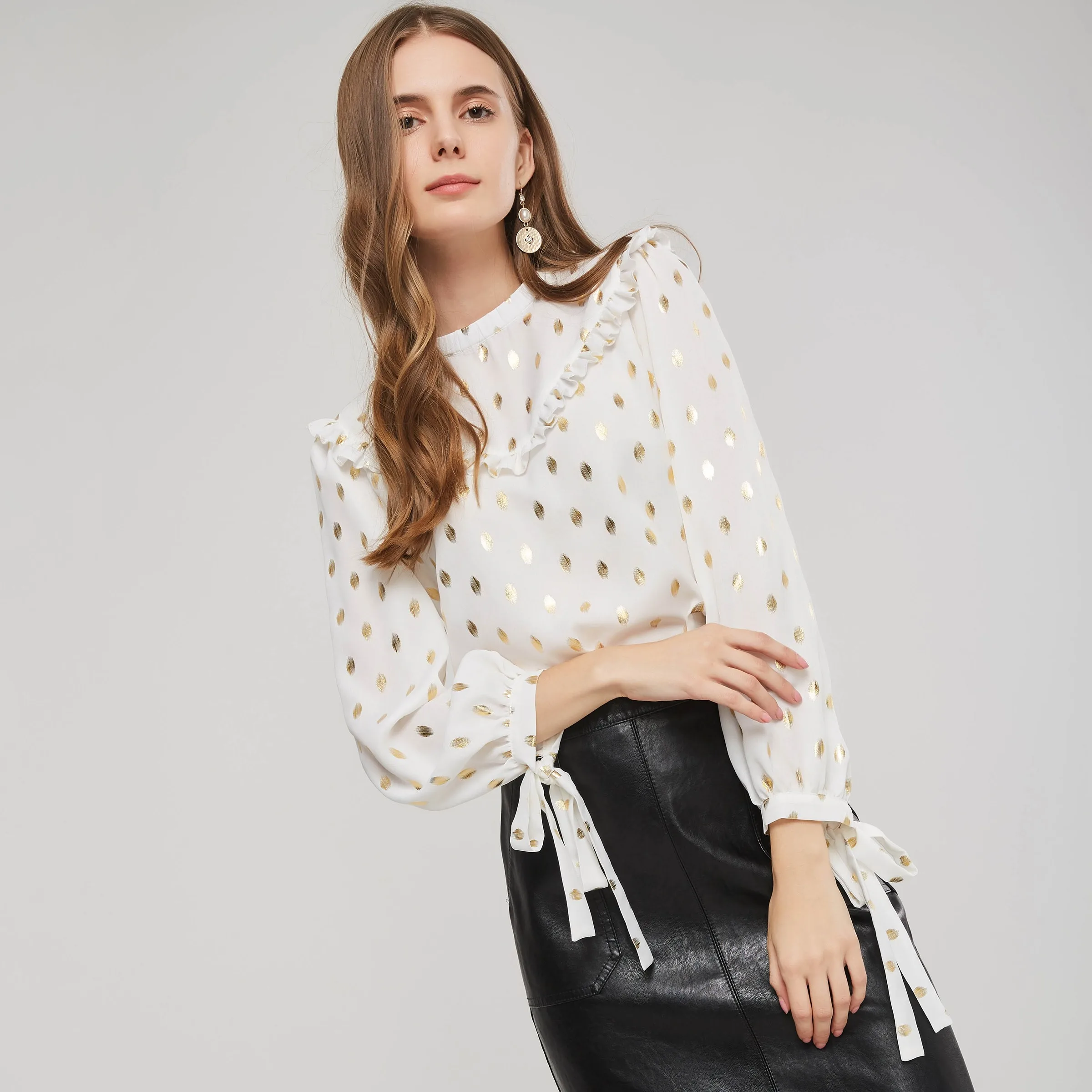 Women Chiffon Blouse Dot Print Ruffle Sleeve Round Neck Summer Slim Loose ShirtZ