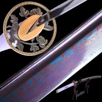 

Brandon Swords Damascus Sharp Samurai Katana Folded Steel Electropalted Blue Blade Full Tang Cut Tree Japanese Sword Hand Forged