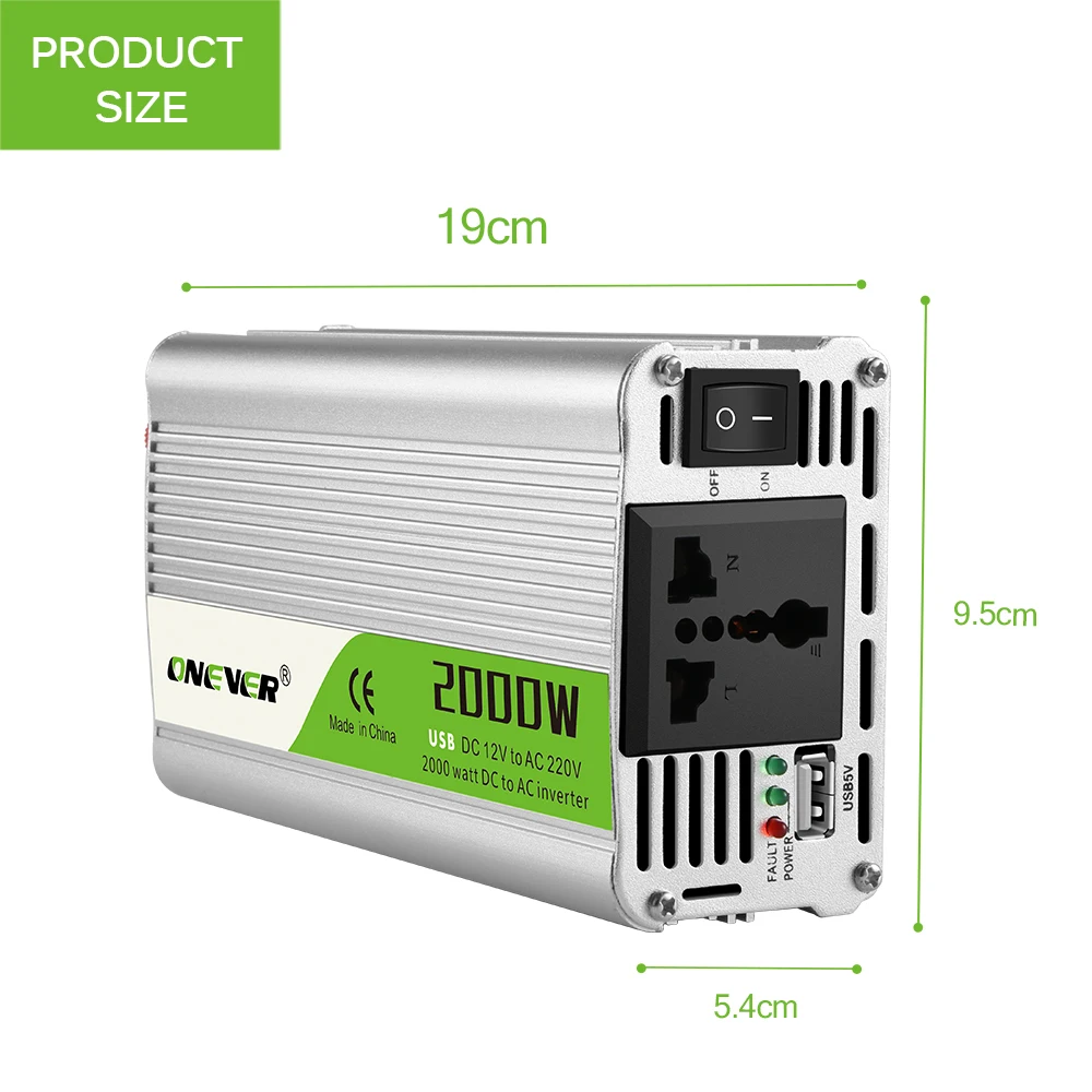 

2000W Car Power Inverter Converter DC 12V to AC 220V Modified Sine Wave Power with AC Outlets 2.1A USB Charger