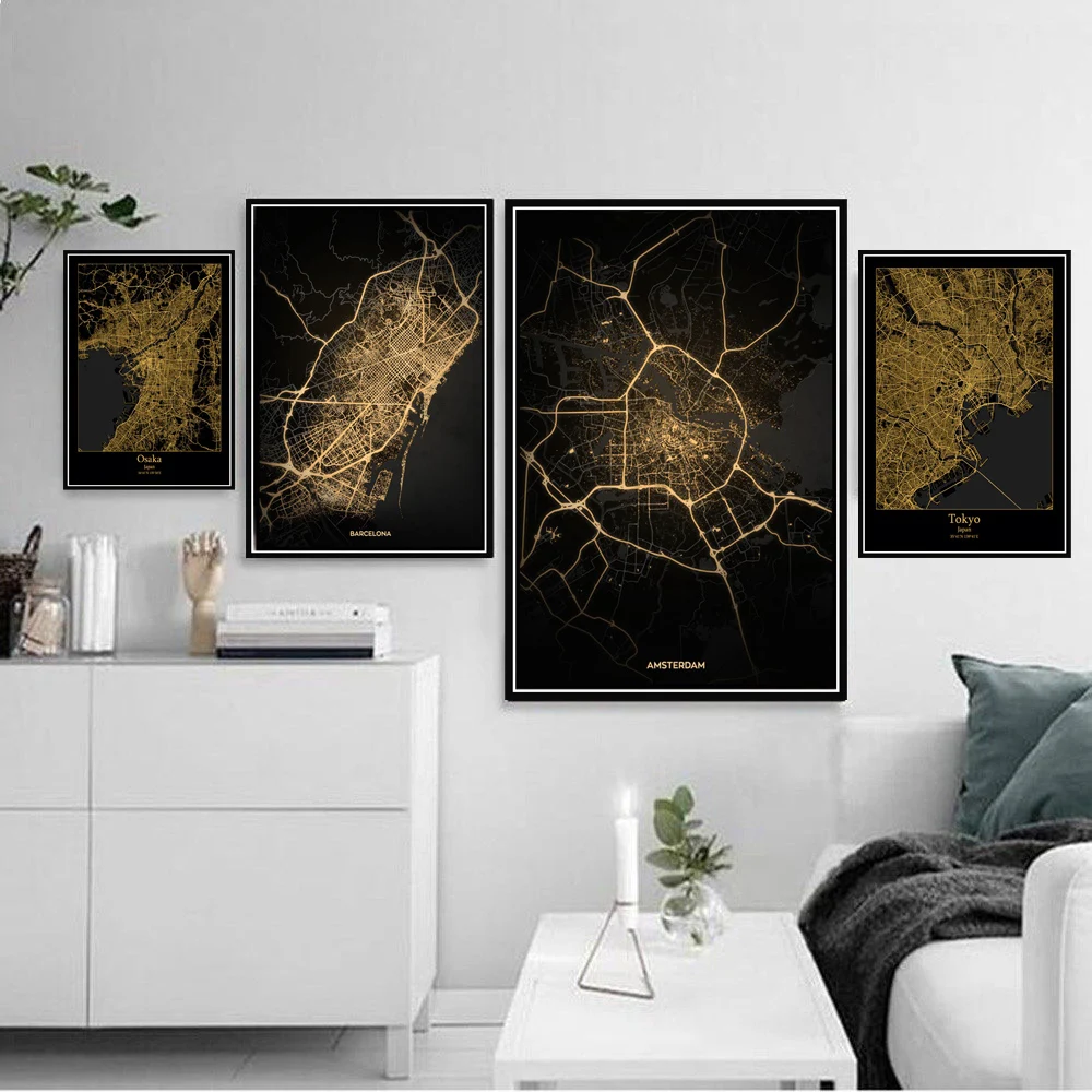 

Amsterdam Barcelona Modern World City Gold Map Travel Larg Art Poster Canvas Painting Wall Picture Home Decor Posters and Prints