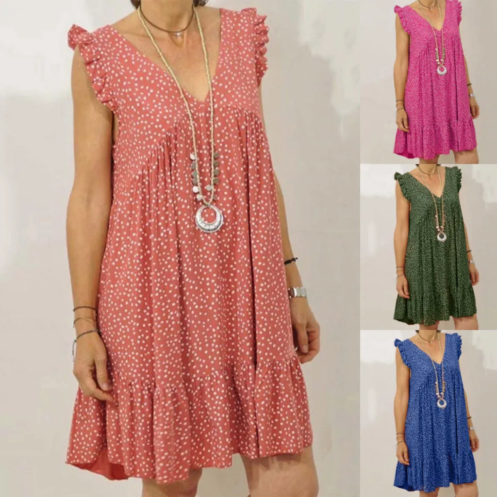 

Women Summer New Fashion Sleeveless V Neck Dot Print Ruffle Dress Party Beach Daily Mini Dress Wholesale Free Ship Z4