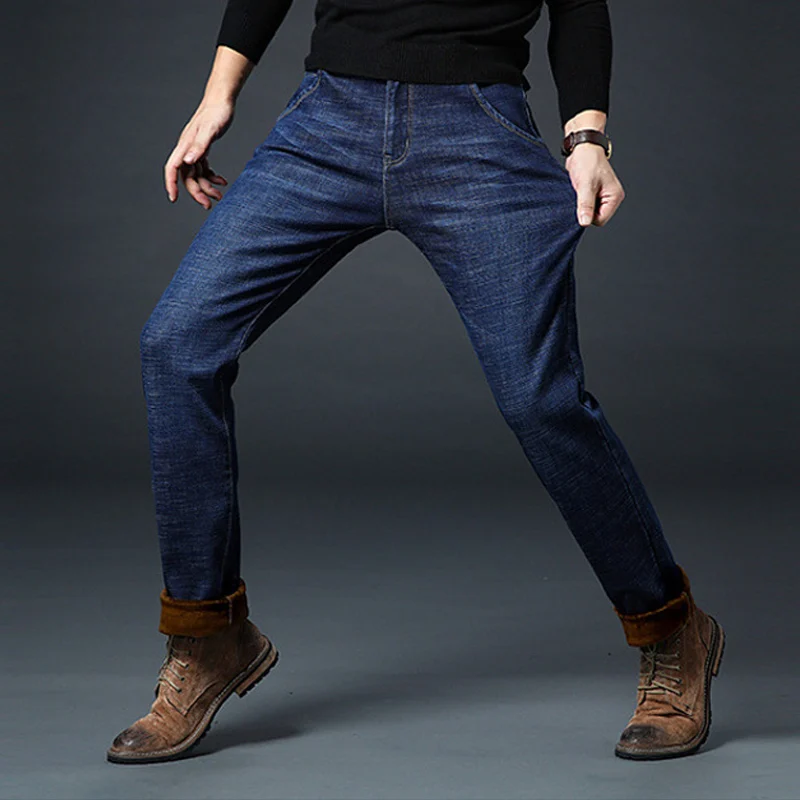 Модные зимние джинсы Для мужчин Slim Fit Эластичные Классические Теплые джинсы большой размер (40) 42 44 46 доступны простые бархат джинсы стрейч