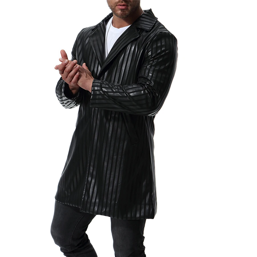 

Fall and Winter Mens Black Striped PU Leather Jackets Classic High-end Male Long-sleeved Motorcycle Jacket