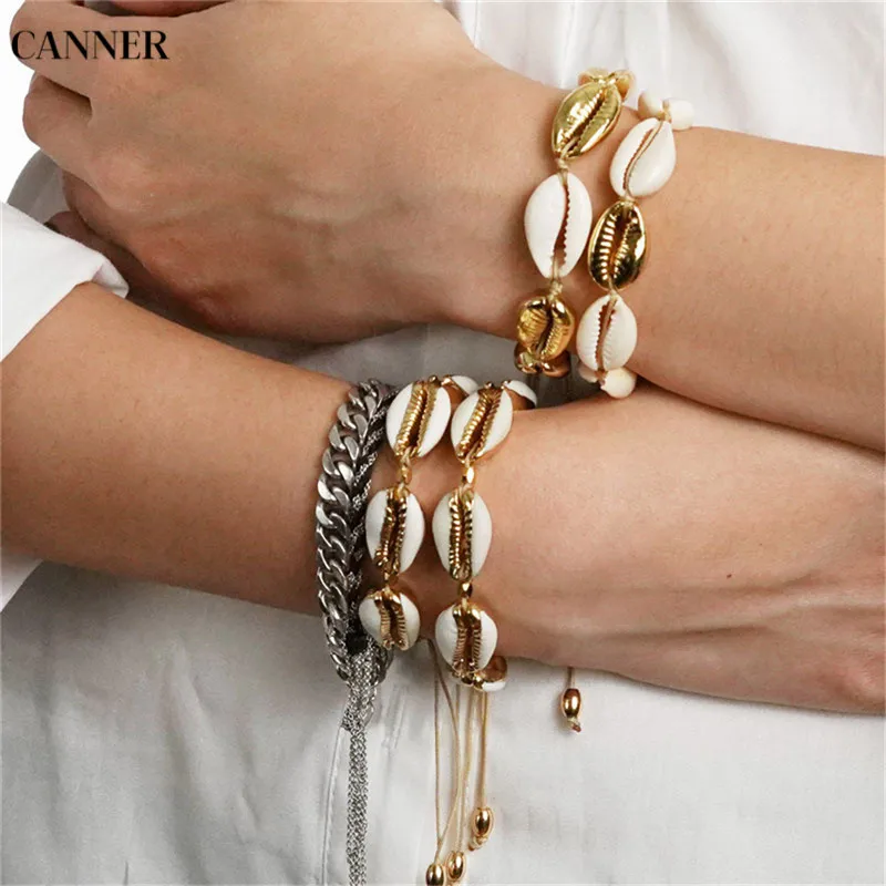 

Canner Boho Jewelry Trendy Shell Bracelets For Women Girl Gold Color Handmade Charm Bracelet Bohemian Bangle pulsera mujer 2019
