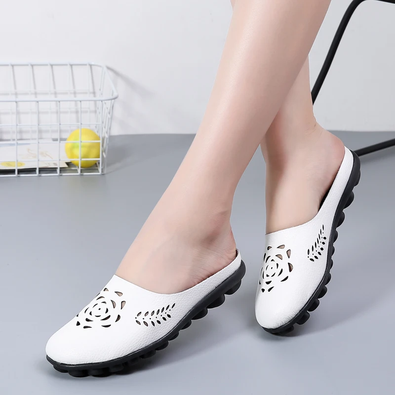 Casual Summer Shoes Woman Genuine Leather Flats Women Hollow Women's Loafers Female Solid Shoe Large Size 35-44 n794