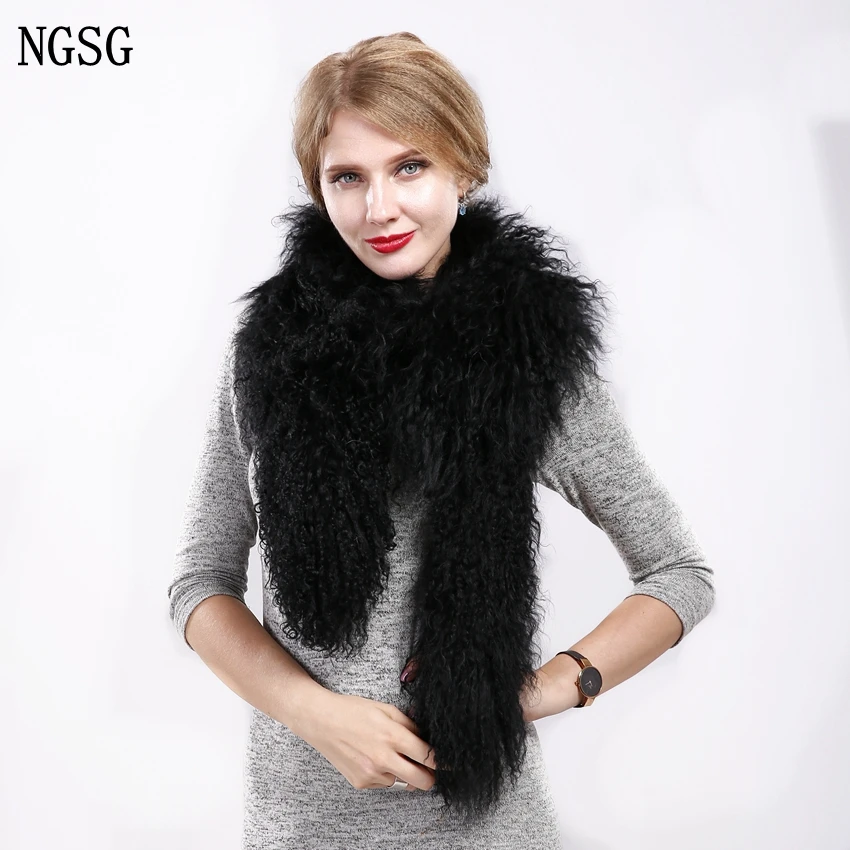 Goede 160 cm solid black winter echte mongoolse lam bont sjaal voor vrouwen donsjack strand schapenwol wollen kraag vrouwelijke grijs sjaals