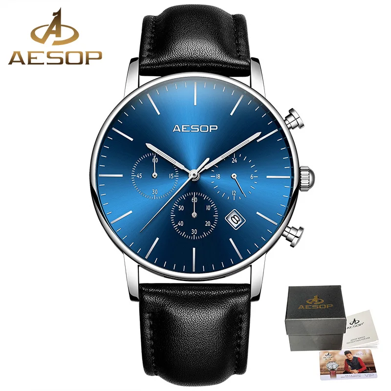 

AESOP Simple Chronograph Watch Men Waterproof Leather Sprots Mens Quartz Wrist Watches Dress Male Clock Relogio Masculino