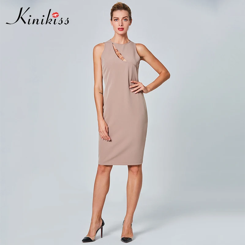 Kinikiss 2017 Khaki Summer Dress Sexy Kneed Slim Office Hollow Dress