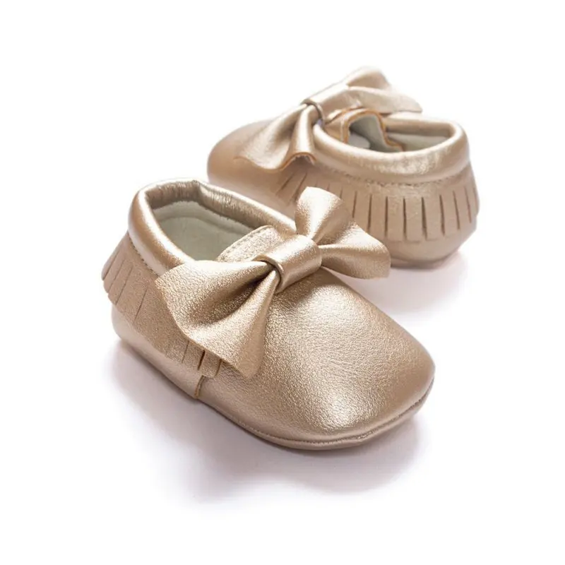 2017 Unisex 유아 아기 신발 소프트 Soled 술 PU 가죽 유아용 신발 Prewalker 보우 신발없이 첫 워커 로고없이