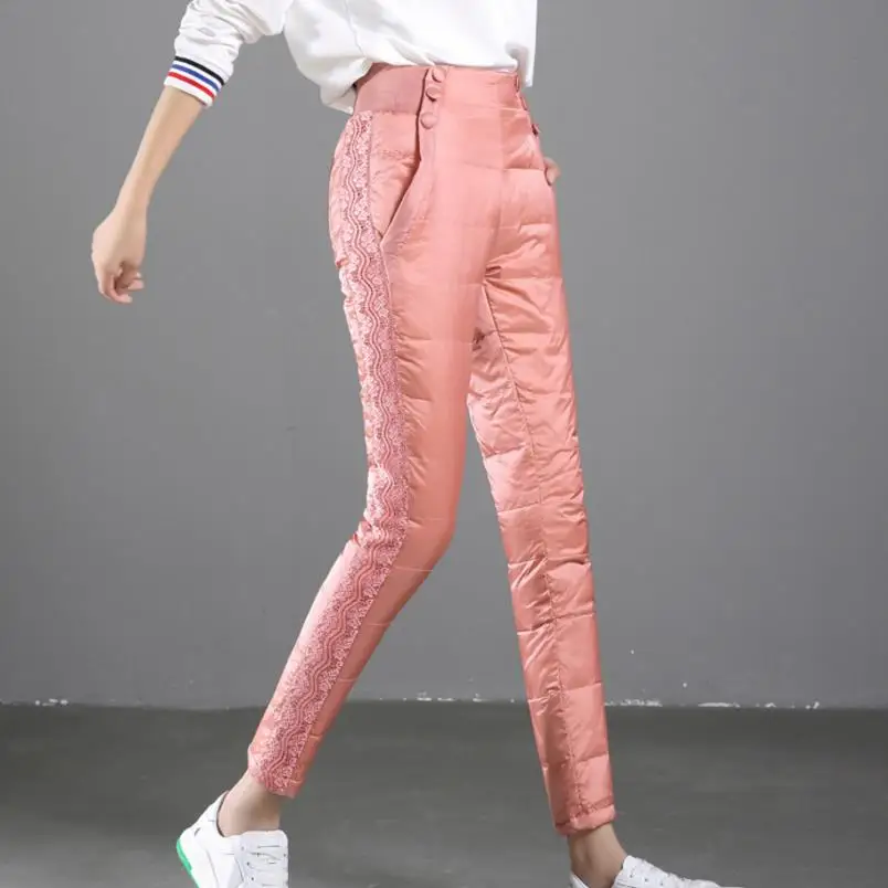 

new lace patchwork Women Pants Trousers Winter High Waisted Warm Thick Duck Down Pants Trousers