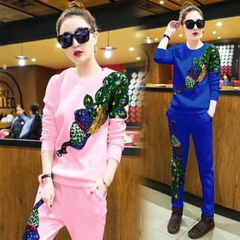 

2020 women's spring clothing female casual suit peacock cashmere trousers with sequins women's tracksuits 2 piece sets female3XL