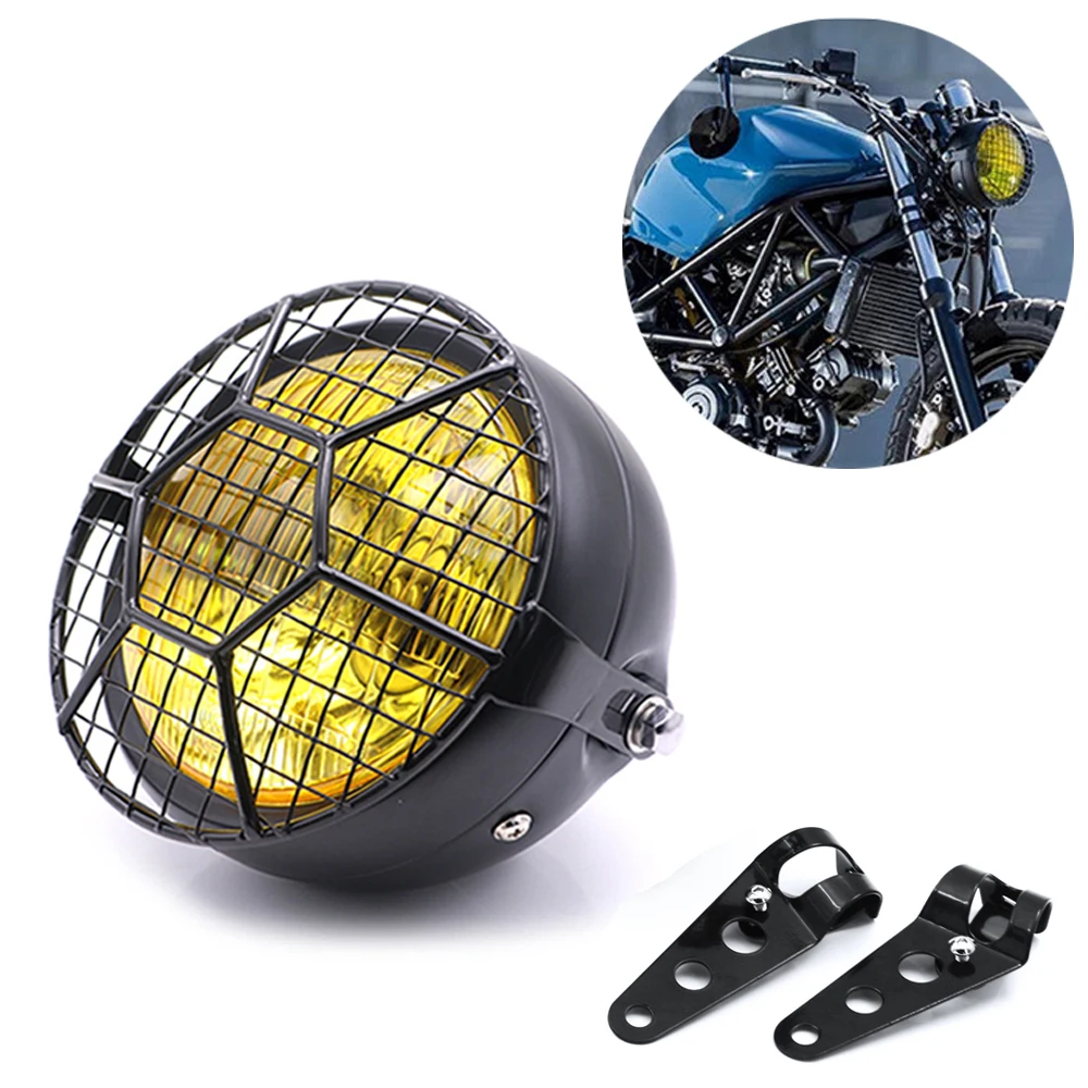

35W retro Motorcycle front grill mesh mask Headlight Cafe Racer Old School head lamp with Football Grill mask cover bracket kits