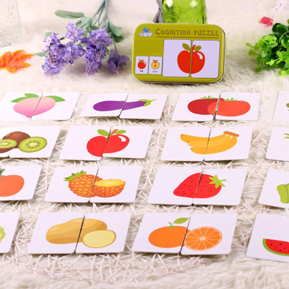 

32 Pcs Baby Kids Cognition Puzzle Toys Toddler Iron Box Cards Matching Game Cognitive Card Vehicl Fruit Animal Life Set
