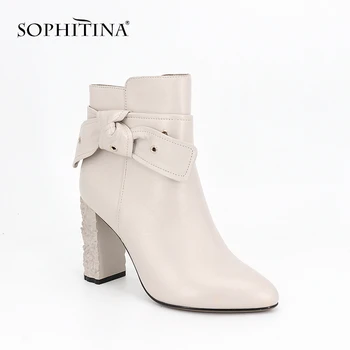 

SOPHITINA Women's Ankle Boots Genuine Leather Round Toe Super High Square Heel Shoes Handmade Fashion Butterfly-knot Boots M94