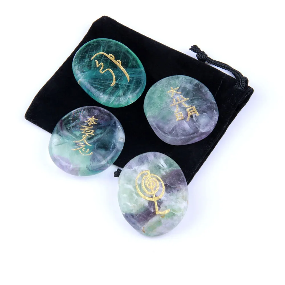 

yaye 4pcs Natural Colorful Fluorite Quartz Crystals Flatback Palm Stones Set Engraved Reiki Healing Symbols with Gift Bag