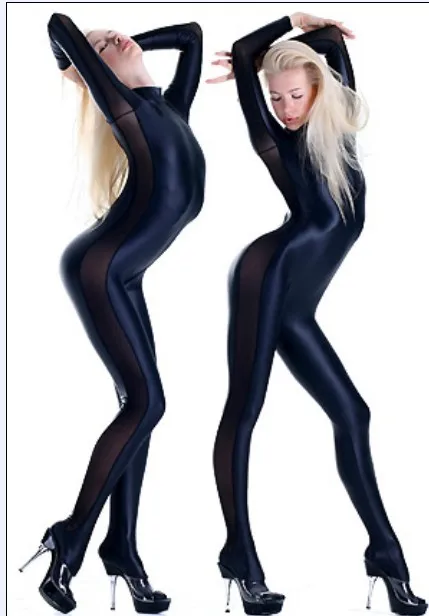 

Womens sexy Spandex Zentai Full Body Costume black Shiny Metallic Zentai Suit with Side mesh Cosplay Costume