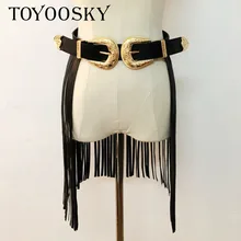 2018 Fashion Punk Long Tassel Fringe Belt for Women Rivet Wide Hook Up Double Buckle Belt Gold Buckle Ladies Corset Belt
