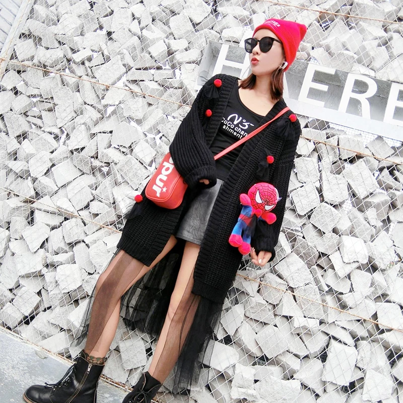 

Thailand Tide brand 2018 autumn new personality stitching mesh knit cardigan women's long loose sweater coat women