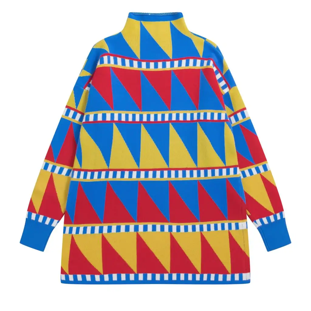 

2019 Winter Autumn New Design Women Pullover Sweaters Triangular Geometric Pattern Color Block Ladies Long Kintted Jumpe Tops