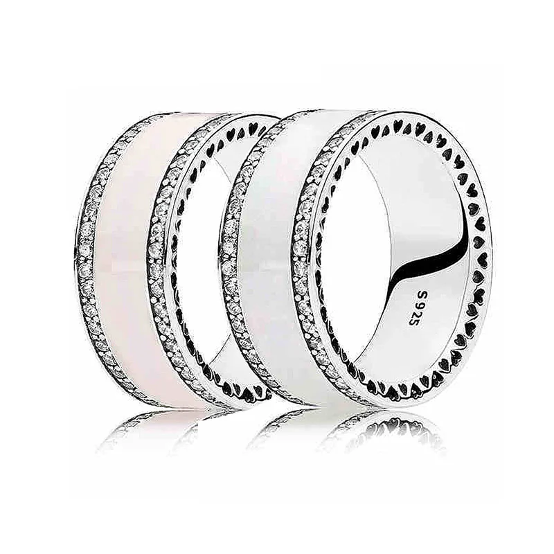 

New 925 Sterling Silver Ring White Pink Enamel Hearts Rings For Women Wedding Party Gift Fine Pandora Jewelry