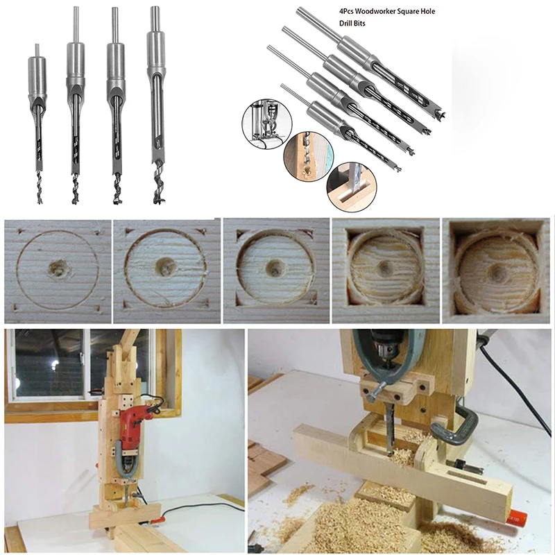 4PCS Woodworking Square Hole Drill Bit Hole Saw Mortising Chisel Twist Auger HSS Twist Drill Bit Kit Electric Woodworking Tool