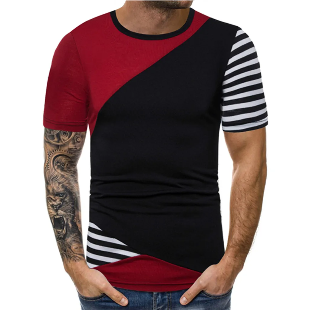 

2019 Personality Men Summer T-Shirt Stitching color Slim Splice Casual Sport O-neck Short Sleeve Shirt T shirt Men Tops XXF