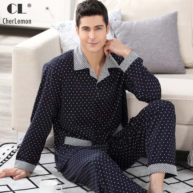 CherLemon Elegant Men's 100 Cotton Sleepwear Classic Polka Dot Male