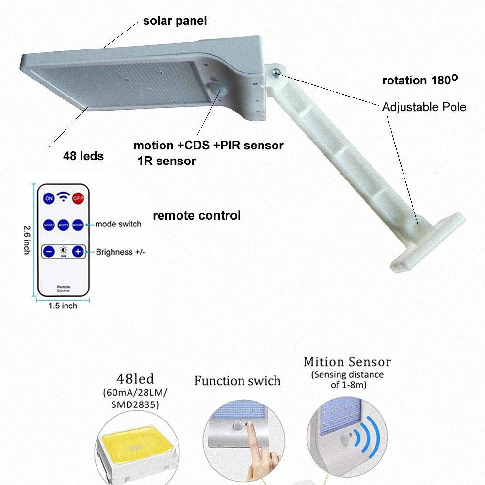 Солнечный светильник 3 режима водонепроницаемый уличный 48 Светодиодный 900 лм садовый настенный забор Настольная лампа с дистанционным управлением вращающийся кронштейн Солнечный уличный светильник