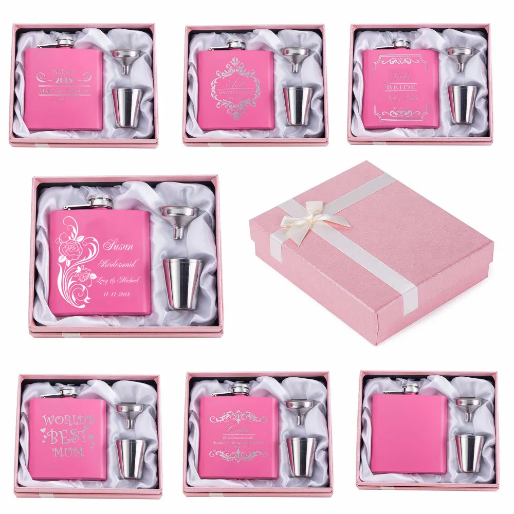 

2018 ENGRAVED Free stainless steel pink hip flask and set , Wedding Decor Favor,Any Text Free engraved