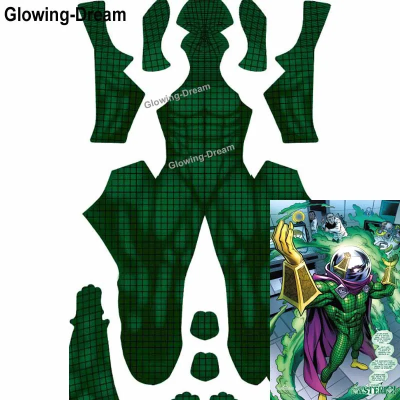 

Glowing-Dream High Quality Mysterio Printed Spandex Lycra Costume with Muscle Shading Comic Mysterio Cosplay Costume Quentin