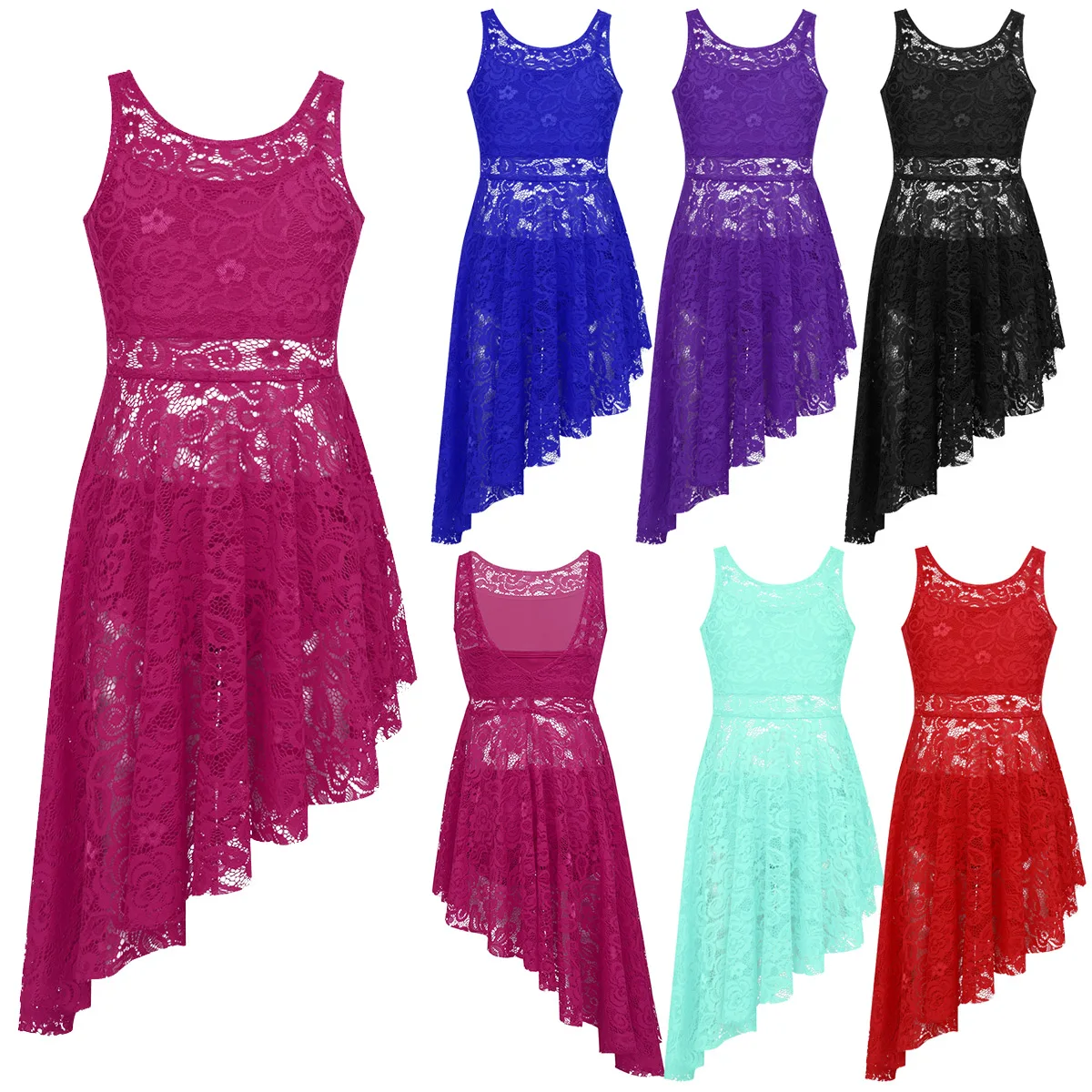 

3Pcs Kids Modern Dance Dress with Sleeveless Bra Crop Top and Briefs Ballet Dance Gymnastics Lace Asymmetric Dress Suit for Girl