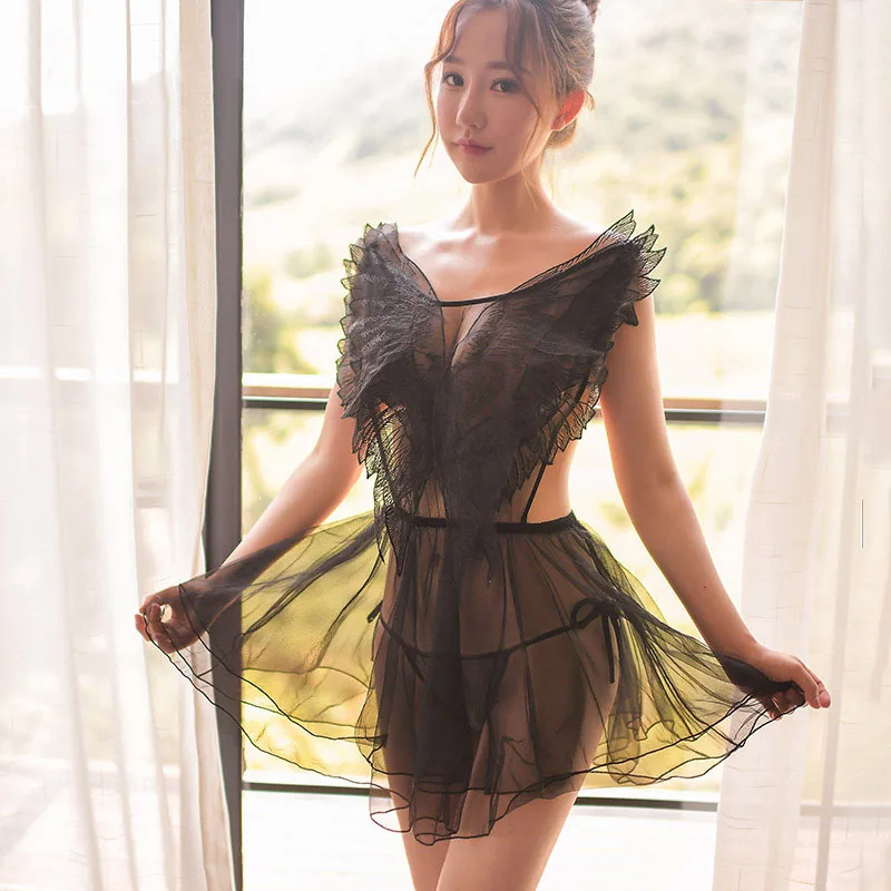 

Summer See Through Mini White Dress Women Embroidery Cute Angel Wings Mesh Sexy Backless Dresses Woman Party Night Club Wear