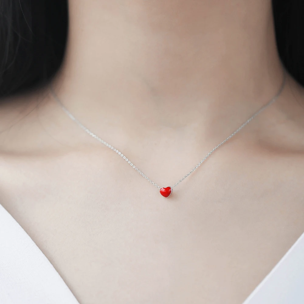 925 серебряные серьги+ ожерелье для женщин, модные ювелирные наборы, милые крошечные красные глазурные серьги-гвоздики в форме сердца для девочек, подарок для девушек