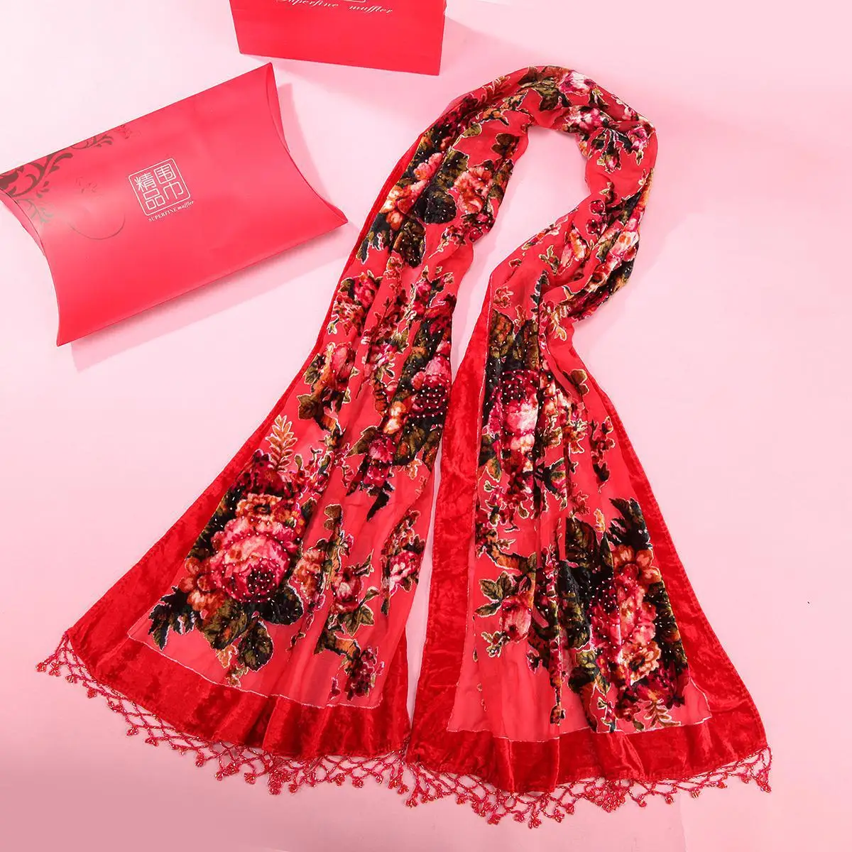 

Fashion Red Print Flower Cape Spring Women Soft Scarves Handmade Beads Shawls Islam Hijab Velvet Silk Muffler Scarf Stole Chal