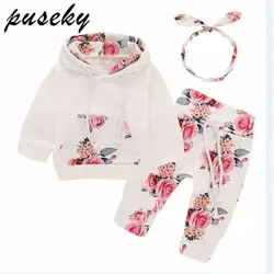 Puseky одежда для маленьких девочек Цветочный принт Толстовки с капюшоном топы, штаны повязки; одежда комплекты 3 шт. новорожденных Зимний