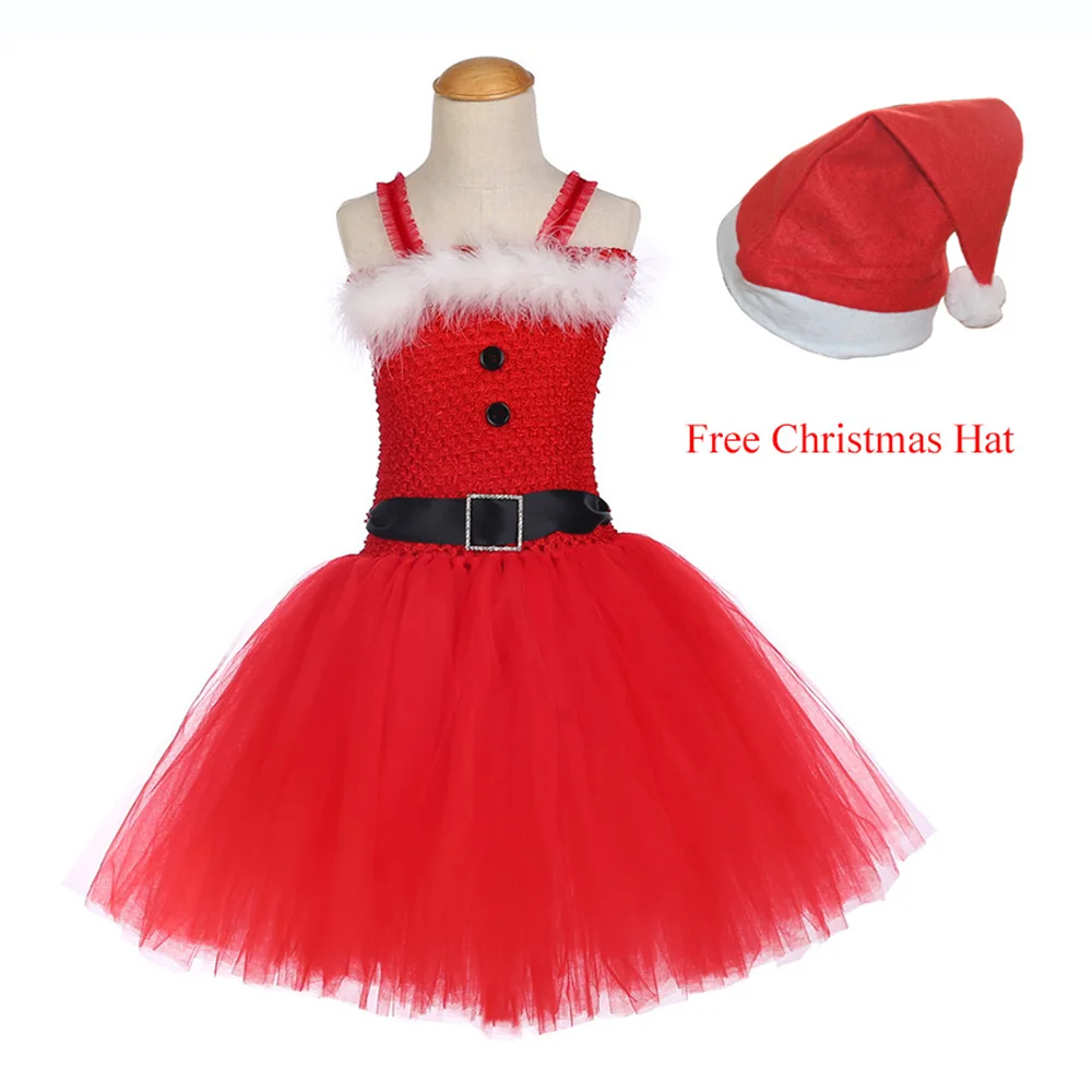 Girls Christmas Santa Winter Dress with Feather and Sashes Handmade Red Puffy Dress for Kids Birthday Tutu Party Dress Clothes (1)