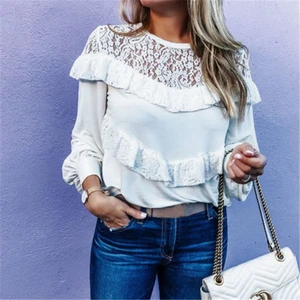 Womens Blouses And Tops White Ruffle Blouse Ladies Long Sleeve Shirt Hollow Out Women Blouses Floral Lace Office Lady Blouses