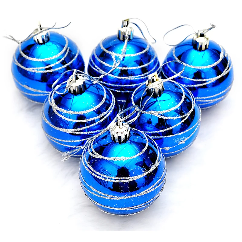 

6pcs Christmas Tree Balls Diameter 6cm Striped Color Drawing Decorations Ball Xmas Party Wedding Ornament(Blue)