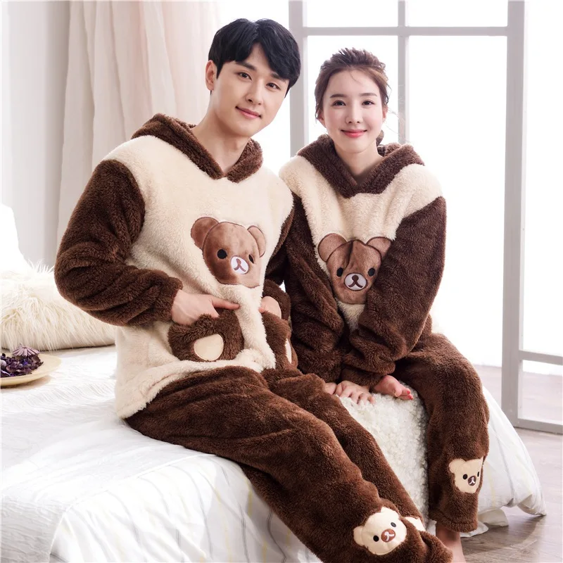 

JINUO New Arrival Winter Coral Fleece Thicken Young Couples Pajama Suit Lovers Casual Warm Soft Hooded Home Wear Sleepwear