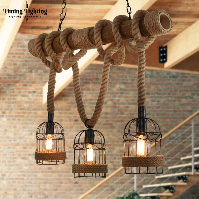 Loft Vintage Rural Pendant Lights Hemp Rope Bamboo Iron Cage Loft Vintage Rural Pendant Lights Hemp Rope Bamboo Iron Cage Lamps Hand Knitted Lighting Fixtures