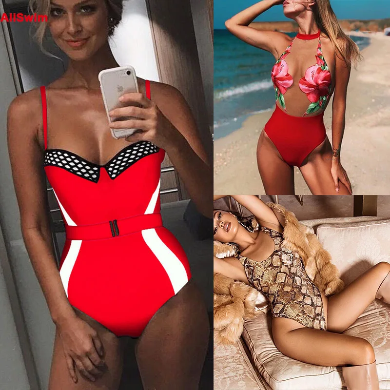 

2019 Sexy Push Up Bodysuit One Piece Swimsuit 2019 Women Belt Control Waist Swimwear Halter Bathing Suit Monokini Beachwear