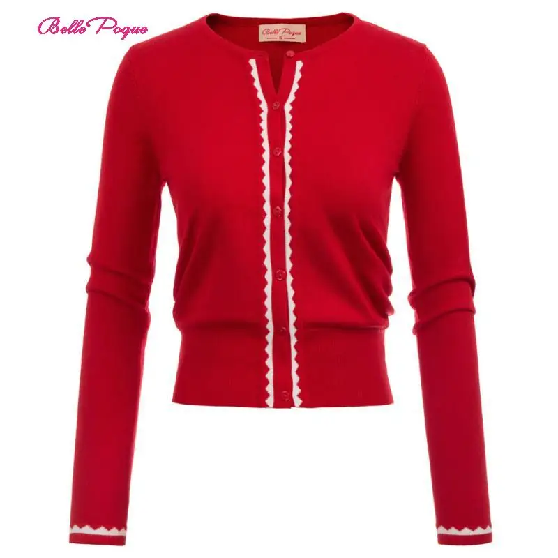 Belle poque Модный женский милый свитер с длинным рукавом, вырез лодочкой, пуговица, контрастный цвет, кардиган, вязаная одежда красного цвета