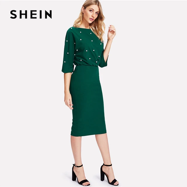 Buy SHEIN Green Pearl Beading Slit Back Blouson Dress