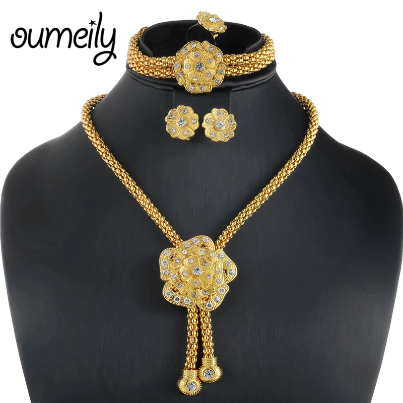 

OUMEILY Nigerian Women Wedding Jewelry Set For Brides African Jewelry Sets Dubai Gold Color Turkish Flower Costume Jewellery