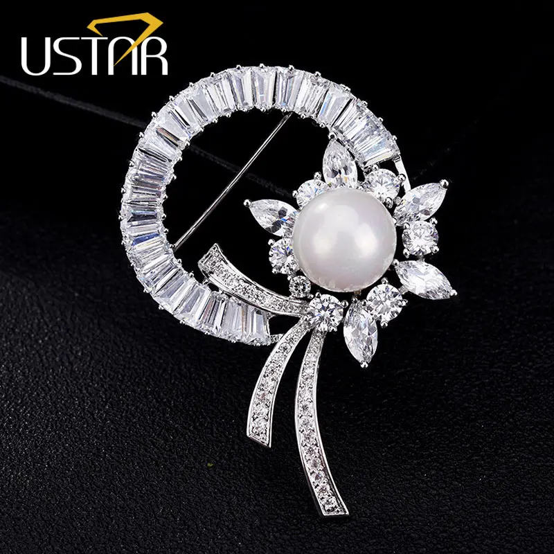 

USTAR Micro Paved AAA Cubic Zirconia Flower Brooches Pins for women Created Pearl Brooch female broches Cloth Accessories