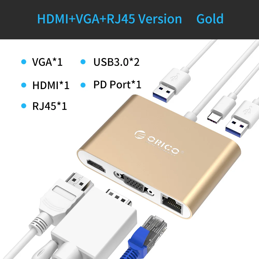 ORICO usb-хаб USB C к HDMI RJ45 VGA type-C PD адаптер для Mac/samsung Galaxy/huawei type C USB 3," концентратор - Цвет: RCNB-Gold