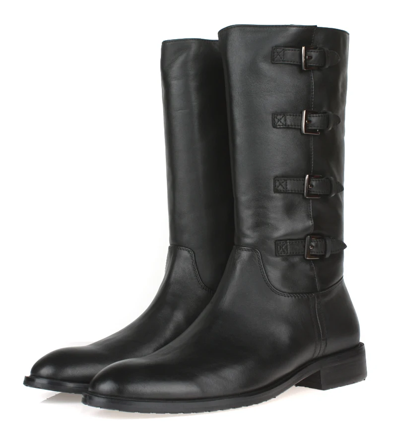 

Quality Knee High Zipper Black Mens Winter Boots Genuine Leather Motorcycle Boots Male Boots With Buckle